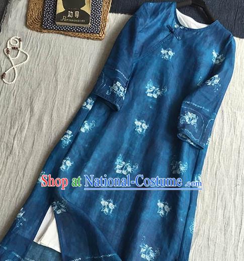 Chinese Traditional Tang Suit Printing Petunia Royalblue Ramie Cheongsam National Costume Qipao Dress for Women