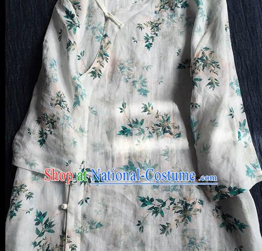 Chinese Traditional Tang Suit Printing Ramie Cheongsam National Costume Qipao Dress for Women