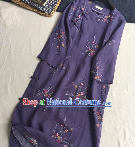 Chinese Traditional Tang Suit Printing Purple Ramie Cheongsam National Costume Qipao Dress for Women