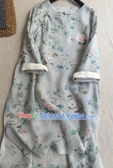 Chinese Traditional Tang Suit Printing Peony Grey Ramie Cheongsam National Costume Qipao Dress for Women