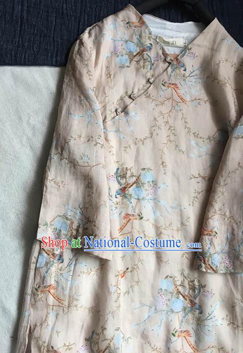 Chinese Traditional Tang Suit Printing Flower Birds Beige Ramie Cheongsam National Costume Qipao Dress for Women