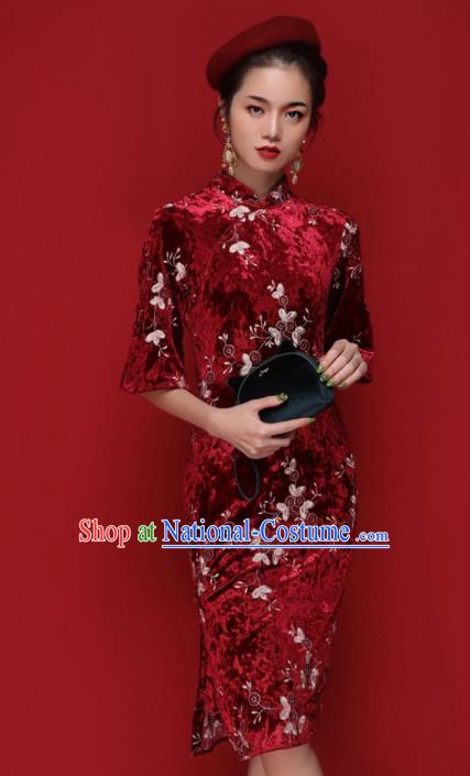 Chinese Traditional Tang Suit Red Pleuche Cheongsam National Costume Qipao Dress for Women