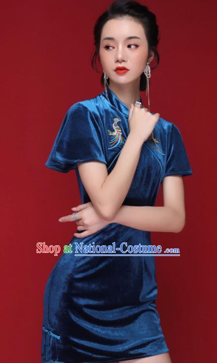 Chinese Traditional Tang Suit Royalblue Pleuche Cheongsam National Costume Qipao Dress for Women