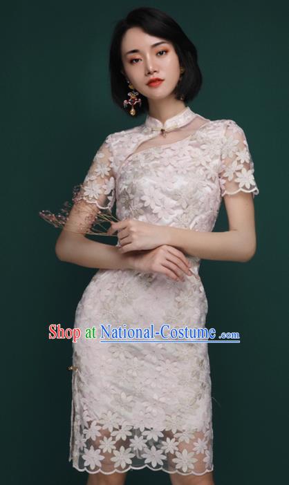 Chinese Traditional Tang Suit Pink Veil Cheongsam National Costume Qipao Dress for Women