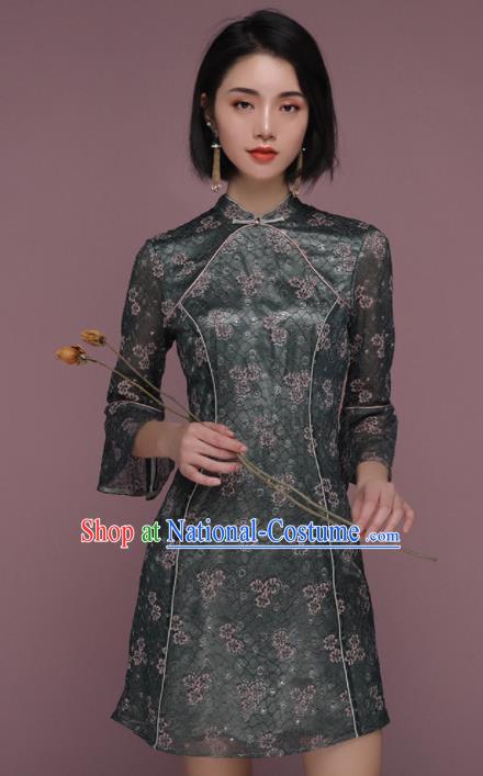 Chinese Traditional Tang Suit Dark Green Lace Cheongsam National Costume Qipao Dress for Women