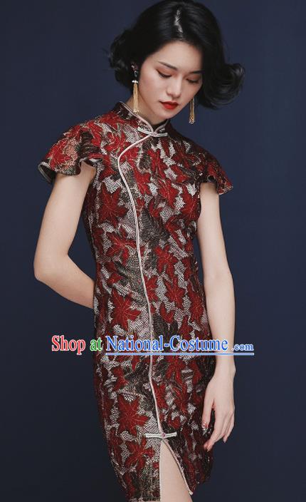 Chinese Traditional Tang Suit Red Maple Leaf Cheongsam National Costume Qipao Dress for Women