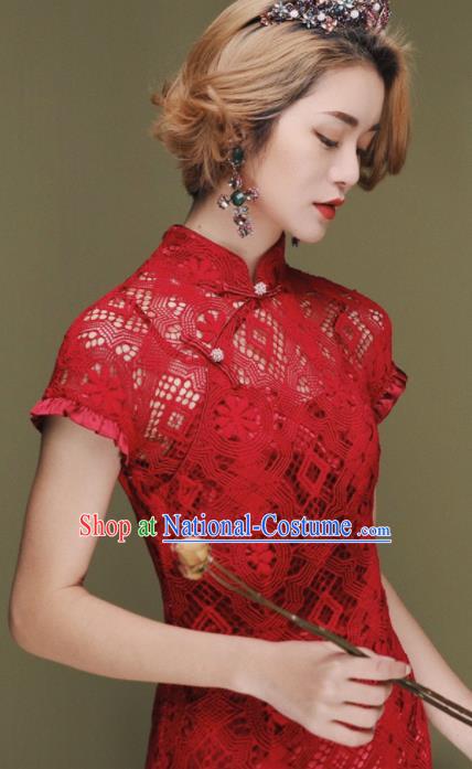 Chinese Traditional Tang Suit Retro Red Lace Cheongsam National Costume Qipao Dress for Women