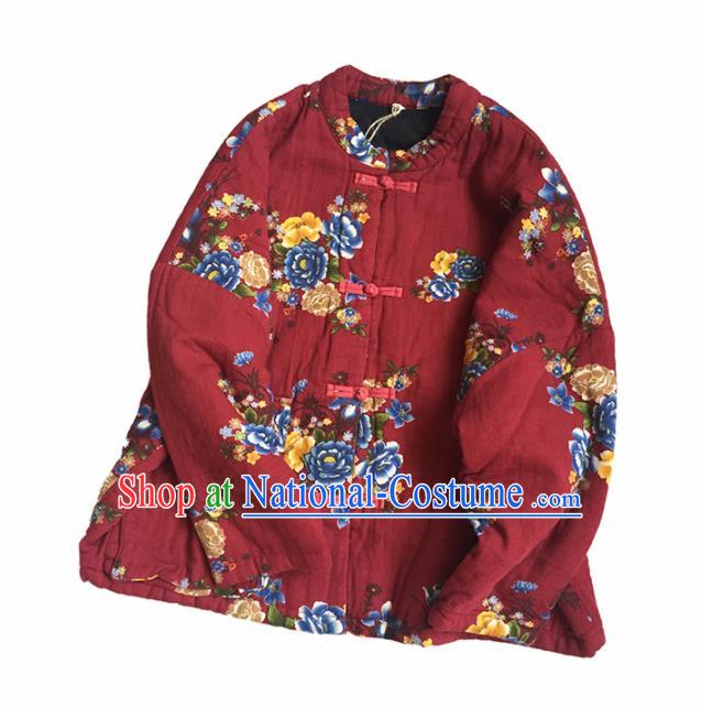 Chinese Traditional Tang Suit Printing Peony Purplish Red Cotton Wadded Jacket National Upper Outer Garment Costume for Women