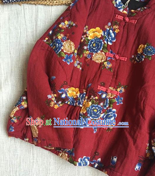 Chinese Traditional Tang Suit Printing Peony Purplish Red Cotton Wadded Jacket National Upper Outer Garment Costume for Women