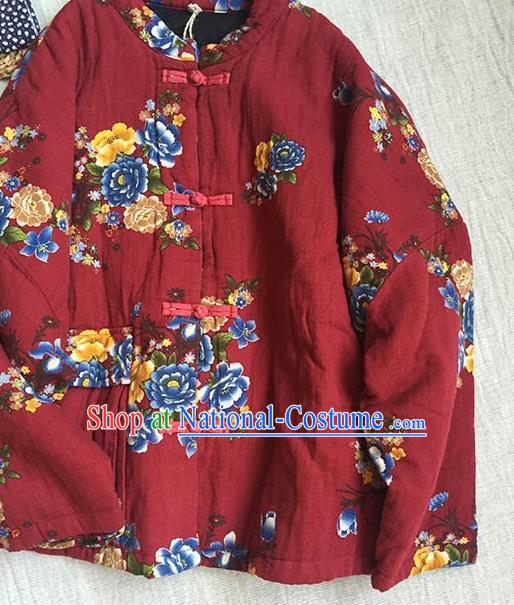 Chinese Traditional Tang Suit Printing Peony Purplish Red Cotton Wadded Jacket National Upper Outer Garment Costume for Women