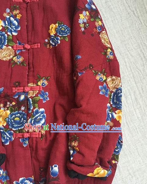 Chinese Traditional Tang Suit Printing Peony Purplish Red Cotton Wadded Jacket National Upper Outer Garment Costume for Women