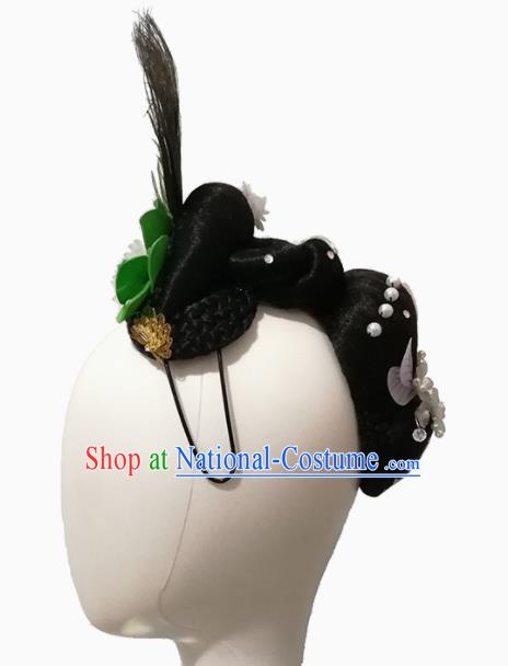 Traditional Chinese Classical Dance Southeast the Peacock Flies Hair Accessories Fan Dance Wig Chignon Headdress for Women