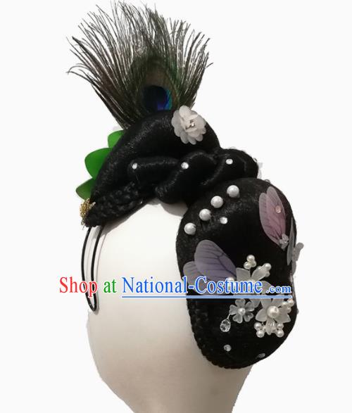 Traditional Chinese Classical Dance Southeast the Peacock Flies Hair Accessories Fan Dance Wig Chignon Headdress for Women