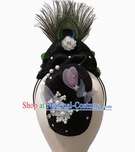 Traditional Chinese Classical Dance Southeast the Peacock Flies Hair Accessories Fan Dance Wig Chignon Headdress for Women