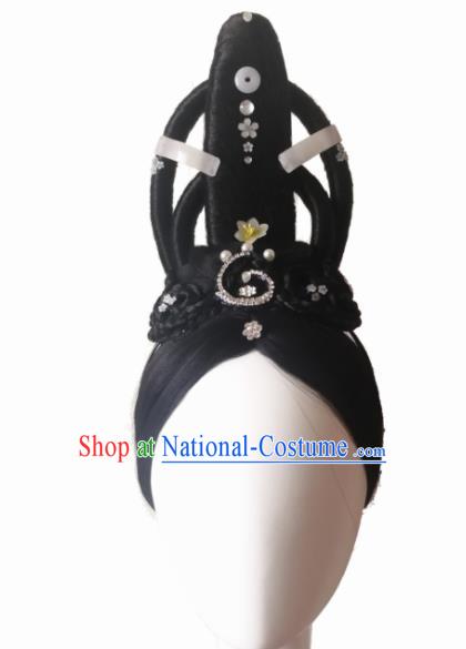 Traditional Chinese Classical Dance Yu Ren Dance Confucius Hair Accessories Fan Dance Wig Chignon Headdress for Women