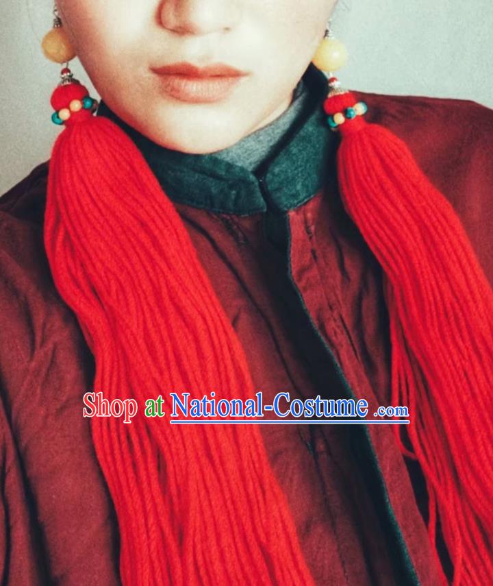 Chinese Traditional Ethnic Ear Accessories Nationality Red Wool Yarn Earrings for Women