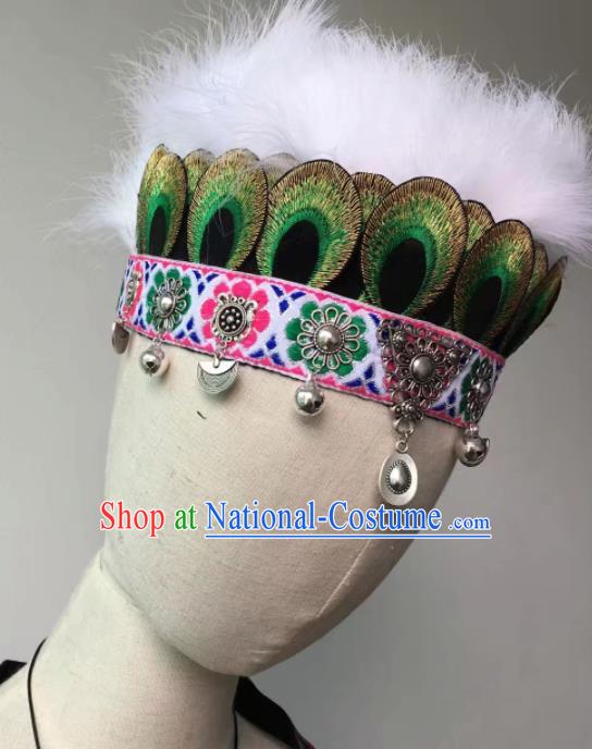 Chinese Traditional Miao Ethnic Feather Hair Accessories Peacock Dance Hair Crown Headwear for Women