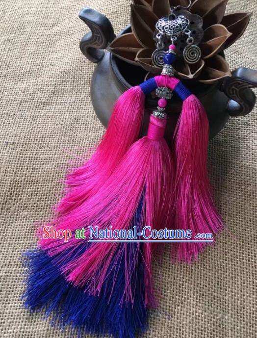 Chinese Traditional Ethnic Silver Ear Accessories Nationality Pink Tassel Earrings for Women