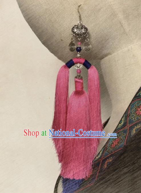 Chinese Traditional Ethnic Silver Ear Accessories Nationality Pink Tassel Earrings for Women