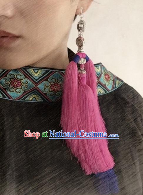 Chinese Traditional Ethnic Silver Ear Accessories Nationality Pink Tassel Earrings for Women