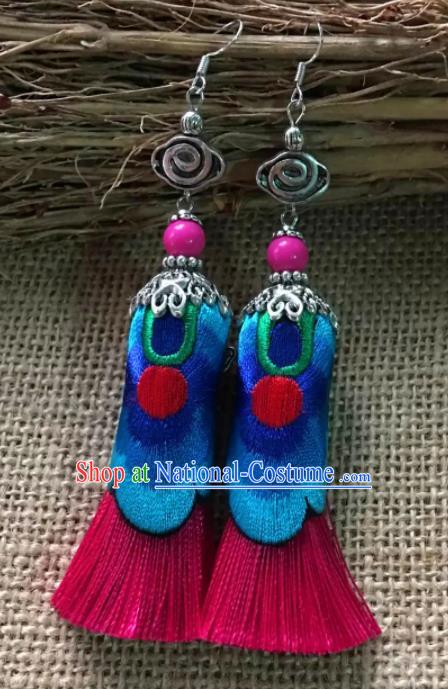 Chinese Traditional Ethnic Blue Embroidered Ear Accessories Miao Nationality Silver Earrings for Women