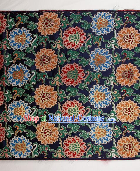 Asian Chinese Traditional Buddhism Lotus Pattern Navy Brocade Tibetan Robe Satin Fabric Silk Material