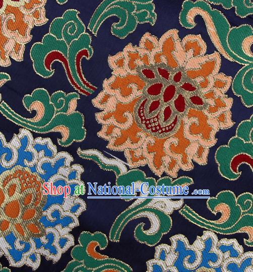 Asian Chinese Traditional Buddhism Lotus Pattern Navy Brocade Tibetan Robe Satin Fabric Silk Material