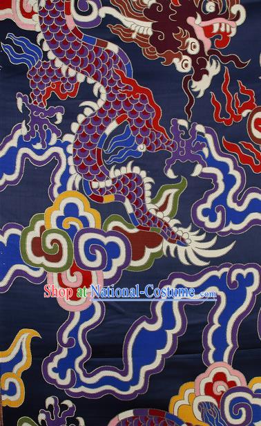 Asian Chinese Traditional Colorful Cloud Dragon Pattern Navy Brocade Tibetan Robe Satin Fabric Silk Material