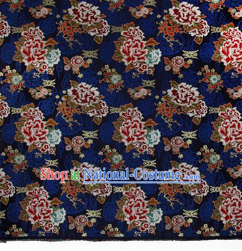 Asian Chinese Traditional Peony Plum Pattern Navy Brocade Tibetan Robe Satin Fabric Silk Material