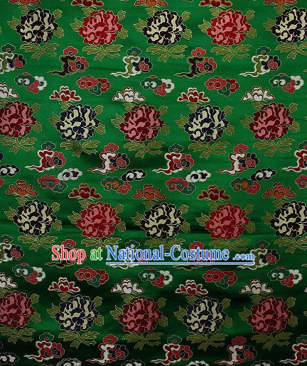 Asian Chinese Traditional Cloud Peony Pattern Green Brocade Tibetan Robe Satin Fabric Silk Material