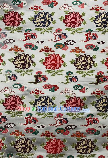 Asian Chinese Traditional Cloud Peony Pattern White Brocade Tibetan Robe Satin Fabric Silk Material