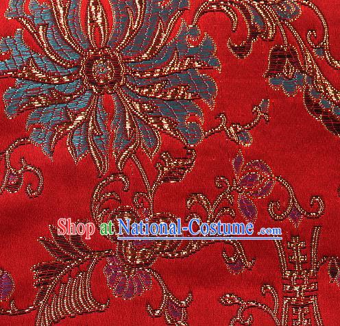 Asian Chinese Traditional Chrysanthemum Pattern Red Brocade Tibetan Robe Satin Fabric Silk Material