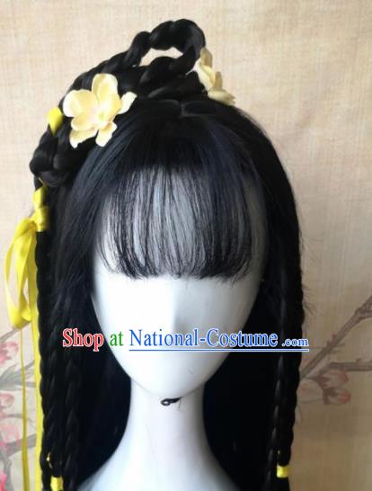 Chinese Traditional Cosplay Female Knight Huang Rong Wigs Ancient Swordswoman Wig Sheath Hair Accessories for Women