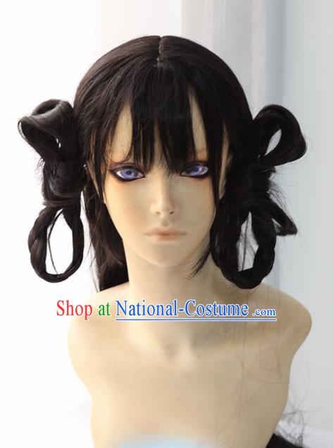 Chinese Traditional Cosplay Female Knight Black Hair Wigs Ancient Swordswoman Wig Sheath Hair Accessories for Women