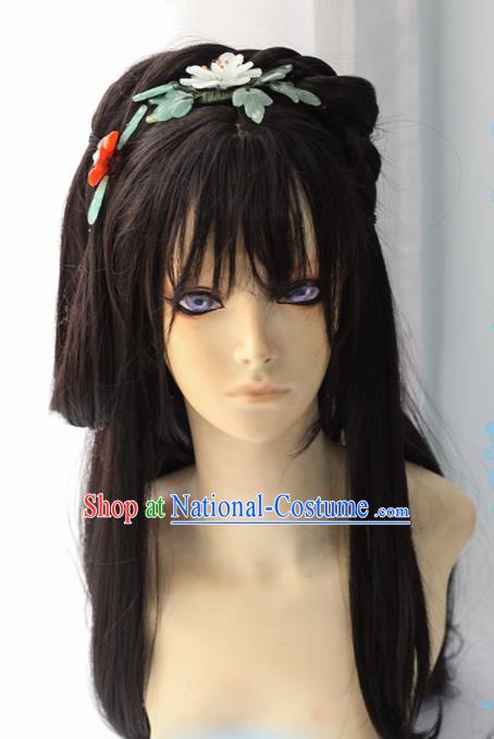 Chinese Traditional Cosplay Female Knight Black Long Wigs Ancient Swordswoman Wig Sheath Hair Accessories for Women