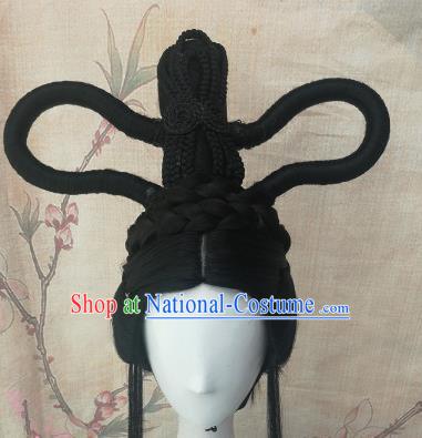 Chinese Traditional Cosplay Peri Swordswoman Black Wigs Ancient Court Princess Wig Sheath Hair Accessories for Women