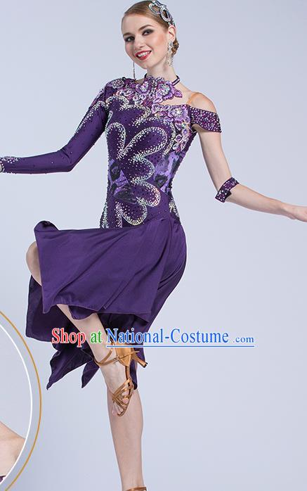 Top Latin Dance Competition Purple Dress Modern Dance International Rumba Dance Costume for Women