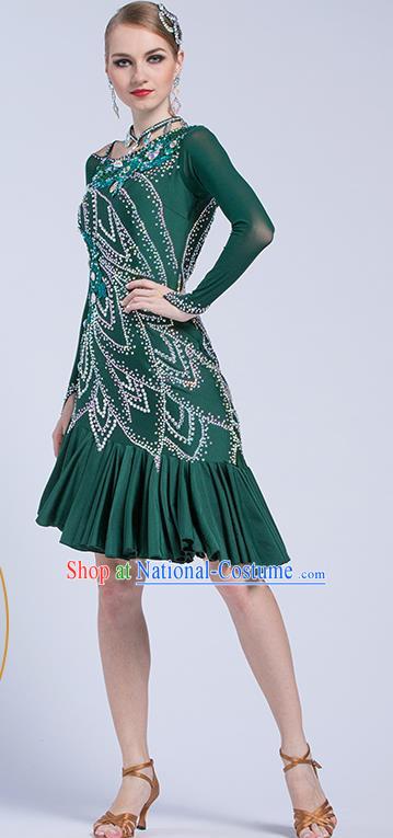 Top Latin Dance Competition Deep Green Dress Modern Dance International Rumba Dance Costume for Women