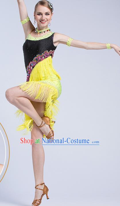 Top Latin Dance Competition Yellow Tassel Dress Modern Dance International Rumba Dance Costume for Women