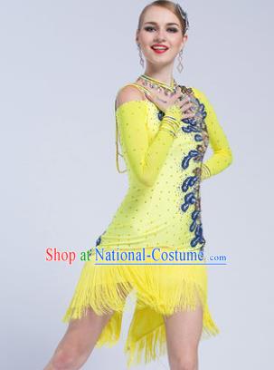 Top Latin Dance Competition Yellow Tassel Dress Modern Dance International Rumba Dance Costume for Women