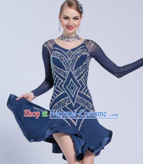 Top Latin Dance Competition Navy Dress Modern Dance International Rumba Dance Costume for Women