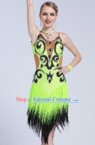 Top Latin Dance Competition Green Tassel Dress Modern Dance International Rumba Dance Costume for Women