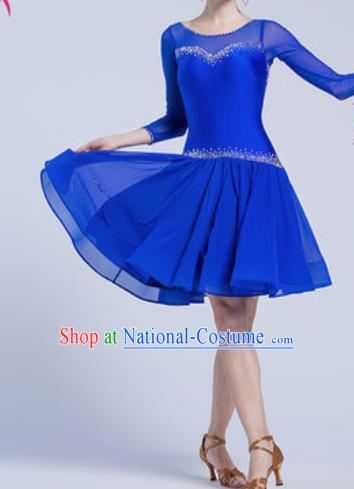 Top Latin Dance Competition Royalblue Short Dress Modern Dance International Rumba Dance Costume for Women