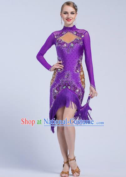 Top Latin Dance Competition Purple Tassel Short Dress Modern Dance International Rumba Dance Costume for Women