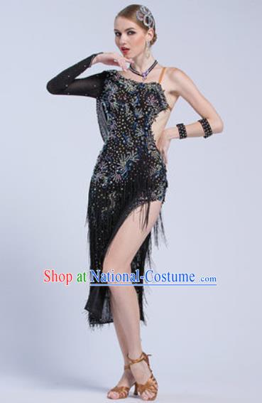 Top Latin Dance Competition Black Tassel Dress Modern Dance International Rumba Dance Costume for Women