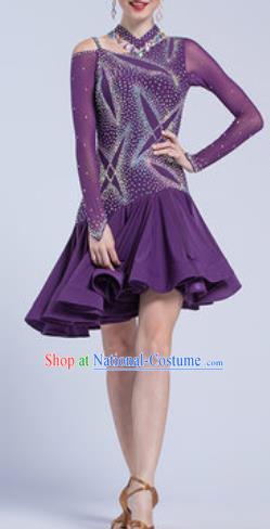 Top Latin Dance Competition Deep Purple Dress Modern Dance International Rumba Dance Costume for Women