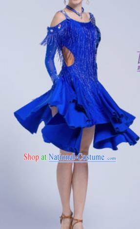 Top Latin Dance Competition Royalblue Tassel Dress Modern Dance International Rumba Dance Costume for Women