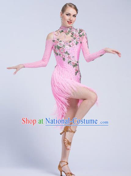 Top Latin Dance Competition Pink Tassel Dress Modern Dance International Rumba Dance Costume for Women