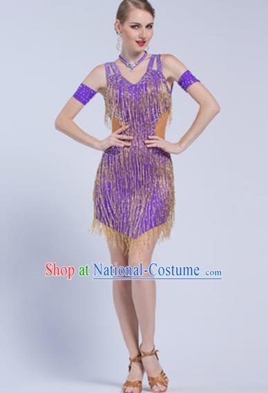 Top Latin Dance Competition Tassel Purple Dress Modern Dance International Rumba Dance Costume for Women