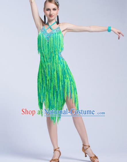 Top Latin Dance Competition Tassel Green Dress Modern Dance International Rumba Dance Costume for Women